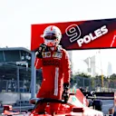 BAKU, AZERBAIJAN - JUNE 05: Pole position qualifier Charles Leclerc of Monaco and Ferrari celebrates in parc ferme during qualifying ahead of the F1 Grand Prix of Azerbaijan at Baku City Circuit on June 05, 2021 in Baku, Azerbaijan. (Photo by Maxim Shemetov - Pool/Getty Images)
