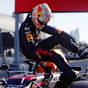 BAKU, AZERBAIJAN - JUNE 05: Third placed Max Verstappen of Netherlands and Red Bull Racing climbs out of his car in parc ferme during qualifying ahead of the F1 Grand Prix of Azerbaijan at Baku City Circuit on June 05, 2021 in Baku, Azerbaijan. (Photo by Maxim Shemetov - Pool/Getty Images)