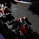 BAKU, AZERBAIJAN - JUNE 05: Sergio Perez of Mexico driving the (11) Red Bull Racing RB16B Honda and Max Verstappen of the Netherlands driving the (33) Red Bull Racing RB16B Honda on track during qualifying ahead of the F1 Grand Prix of Azerbaijan at Baku City Circuit on June 05, 2021 in Baku, Azerbaijan. (Photo by Clive Rose/Getty Images)