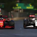 BAKU, AZERBAIJAN - JUNE 06: Carlos Sainz of Spain driving the (55) Scuderia Ferrari SF21 and Antonio Giovinazzi of Italy driving the (99) Alfa Romeo Racing C41 Ferrari battle for track position during the F1 Grand Prix of Azerbaijan at Baku City Circuit on June 06, 2021 in Baku, Azerbaijan. (Photo by Dan Istitene - Formula 1/Formula 1 via Getty Images)