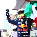 BAKU, AZERBAIJAN - JUNE 06: Race winner Sergio Perez of Mexico and Red Bull Racing celebrates in parc ferme during the F1 Grand Prix of Azerbaijan at Baku City Circuit on June 06, 2021 in Baku, Azerbaijan. (Photo by Dan Istitene - Formula 1/Formula 1 via Getty Images)