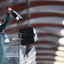 BAKU, AZERBAIJAN - JUNE 06: Second placed Sebastian Vettel of Germany and Aston Martin F1 Team celebrates on the podium during the F1 Grand Prix of Azerbaijan at Baku City Circuit on June 06, 2021 in Baku, Azerbaijan. (Photo by Joe Portlock - Formula 1/Formula 1 via Getty Images)