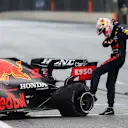 BAKU, AZERBAIJAN - JUNE 06:Max Verstappen of Netherlands and Red Bull Racing kicks his tyre as he reacts after crashing during the F1 Grand Prix of Azerbaijan at Baku City Circuit on June 06, 2021 in Baku, Azerbaijan. (Photo by Clive Rose/Getty Images)