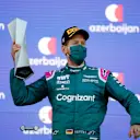 BAKU, AZERBAIJAN - JUNE 06: Second placed Sebastian Vettel of Germany and Aston Martin F1 Team celebrates on the podium during the F1 Grand Prix of Azerbaijan at Baku City Circuit on June 06, 2021 in Baku, Azerbaijan. (Photo by Maxim Shemetov - Pool/Getty Images)