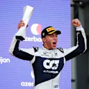 BAKU, AZERBAIJAN - JUNE 06: Third placed Pierre Gasly of France and Scuderia AlphaTauri celebrates on the podium during the F1 Grand Prix of Azerbaijan at Baku City Circuit on June 06, 2021 in Baku, Azerbaijan. (Photo by Maxim Shemetov - Pool/Getty Images)