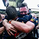 BAHRAIN, BAHRAIN - MARCH 27: The Red Bull Racing team celebrate the pole position of Max Verstappen of Netherlands and Red Bull Racing  during qualifying ahead of the F1 Grand Prix of Bahrain at Bahrain International Circuit on March 27, 2021 in Bahrain, Bahrain. (Photo by Mark Thompson/Getty Images)