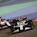 BAHRAIN, BAHRAIN - MARCH 28: Antonio Giovinazzi of Italy driving the (99) Alfa Romeo Racing C41 Ferrari leads Kimi Raikkonen of Finland driving the (7) Alfa Romeo Racing C41 Ferrari on track during the F1 Grand Prix of Bahrain at Bahrain International Circuit on March 28, 2021 in Bahrain, Bahrain. (Photo by Clive Mason - Formula 1/Formula 1 via Getty Images)