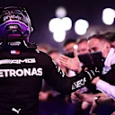 BAHRAIN, BAHRAIN - MARCH 28: Race winner Lewis Hamilton of Great Britain and Mercedes GP celebrates in parc ferme during the F1 Grand Prix of Bahrain at Bahrain International Circuit on March 28, 2021 in Bahrain, Bahrain. (Photo by Mario Renzi - Formula 1/Formula 1 via Getty Images)