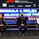SPA, BELGIUM - AUGUST 27: McLaren Team Principal Andreas Seidl, Laurent Rossi, CEO of Alpine F1 and Otmar Szafnauer, Team Principal and Chief Executive Officer of Aston Martin F1 Team talk in the Team Principals Press Conference during practice ahead of the F1 Grand Prix of Belgium at Circuit de Spa-Francorchamps on August 27, 2021 in Spa, Belgium. (Photo by Dan Istitene/Getty Images)