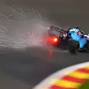 SPA, BELGIUM - AUGUST 28: Sparks fly behind George Russell of Great Britain driving the (63) Williams Racing FW43B Mercedes during qualifying ahead of the F1 Grand Prix of Belgium at Circuit de Spa-Francorchamps on August 28, 2021 in Spa, Belgium. (Photo by Dan Istitene - Formula 1/Formula 1 via Getty Images)