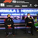 SAO PAULO, BRAZIL - NOVEMBER 12: Toyoharu Tanabe of Honda and Director of Pirelli F1 Mario Isola talk in the Team Principals Press Conference after practice ahead of the F1 Grand Prix of Brazil at Autodromo Jose Carlos Pace on November 12, 2021 in Sao Paulo, Brazil. (Photo by Clive Mason/Getty Images)