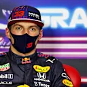 SAO PAULO, BRAZIL - NOVEMBER 13: Second placed Max Verstappen of Netherlands and Red Bull Racing talks in the press conference after the sprint ahead of the F1 Grand Prix of Brazil at Autodromo Jose Carlos Pace on November 13, 2021 in Sao Paulo, Brazil. (Photo by XPB - Pool/Getty Images)