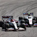 SAO PAULO, BRAZIL - NOVEMBER 14: Mick Schumacher of Germany driving the (47) Haas F1 Team VF-21 Ferrari collides with Kimi Raikkonen of Finland driving the (7) Alfa Romeo Racing C41 Ferrari during the F1 Grand Prix of Brazil at Autodromo Jose Carlos Pace on November 14, 2021 in Sao Paulo, Brazil. (Photo by Bryn Lennon - Formula 1/Formula 1 via Getty Images)