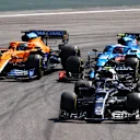 SAO PAULO, BRAZIL - NOVEMBER 14: Pierre Gasly of France driving the (10) Scuderia AlphaTauri AT02 Honda leads Daniel Ricciardo of Australia driving the (3) McLaren F1 Team MCL35M Mercedes and Esteban Ocon of France driving the (31) Alpine A521 Renault during the F1 Grand Prix of Brazil at Autodromo Jose Carlos Pace on November 14, 2021 in Sao Paulo, Brazil. (Photo by Bryn Lennon - Formula 1/Formula 1 via Getty Images)