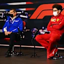 IMOLA, ITALY - APRIL 16: Scuderia Ferrari Team Principal Mattia Binotto and Haas F1 Team Principal Guenther Steiner talk in the Team Principals Press Conference during practice ahead of the F1 Grand Prix of Emilia Romagna at Autodromo Enzo e Dino Ferrari on April 16, 2021 in Imola, Italy. (Photo by Clive Mason/Getty Images)