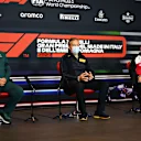 IMOLA, ITALY - APRIL 16: Otmar Szafnauer, Team Principal and Chief Executive Officer of Aston Martin F1 Team, Director of Pirelli F1 Mario Isola and Alfa Romeo Racing Team Principal Frederic Vasseur talk in the Team Principals Press Conference during practice ahead of the F1 Grand Prix of Emilia Romagna at Autodromo Enzo e Dino Ferrari on April 16, 2021 in Imola, Italy. (Photo by Clive Mason/Getty Images)