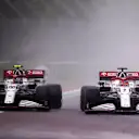 IMOLA, ITALY - APRIL 18: Antonio Giovinazzi of Italy driving the (99) Alfa Romeo Racing C41 Ferrari and Kimi Raikkonen of Finland driving the (7) Alfa Romeo Racing C41 Ferrari on track during the F1 Grand Prix of Emilia Romagna at Autodromo Enzo e Dino Ferrari on April 18, 2021 in Imola, Italy. (Photo by Lars Baron/Getty Images)