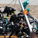 IMOLA, ITALY - APRIL 18: Lewis Hamilton of Great Britain driving the (44) Mercedes AMG Petronas F1 Team Mercedes W12 makes a pitstop for a new front wing following a crash during the F1 Grand Prix of Emilia Romagna at Autodromo Enzo e Dino Ferrari on April 18, 2021 in Imola, Italy. (Photo by Mark Thompson/Getty Images)