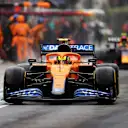 IMOLA, ITALY - APRIL 18: Lando Norris of Great Britain driving the (4) McLaren F1 Team MCL35M Mercedes leaves the pitlane after making a stop during the F1 Grand Prix of Emilia Romagna at Autodromo Enzo e Dino Ferrari on April 18, 2021 in Imola, Italy. (Photo by Peter Fox/Getty Images)