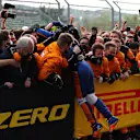 IMOLA, ITALY - APRIL 18: Third placed Lando Norris of Great Britain and McLaren F1 celebrates in parc ferme with his team during the F1 Grand Prix of Emilia Romagna at Autodromo Enzo e Dino Ferrari on April 18, 2021 in Imola, Italy. (Photo by Bryn Lennon/Getty Images)