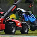 IMOLA, ITALY - APRIL 18: The car of Nicholas Latifi of Canada and Williams is removed from the circuit after a crash during the F1 Grand Prix of Emilia Romagna at Autodromo Enzo e Dino Ferrari on April 18, 2021 in Imola, Italy. (Photo by Clive Mason - Formula 1/Formula 1 via Getty Images)