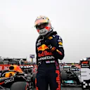 LE CASTELLET, FRANCE - JUNE 19: Pole position qualifier Max Verstappen of Netherlands and Red Bull Racing celebrates in parc ferme during qualifying ahead of the F1 Grand Prix of France at Circuit Paul Ricard on June 19, 2021 in Le Castellet, France. (Photo by Nicolas Tucat - Pool/Getty Images)