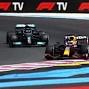 LE CASTELLET, FRANCE - JUNE 20: Max Verstappen of the Netherlands driving the (33) Red Bull Racing RB16B Honda leads Lewis Hamilton of Great Britain driving the (44) Mercedes AMG Petronas F1 Team Mercedes W12 during the F1 Grand Prix of France at Circuit Paul Ricard on June 20, 2021 in Le Castellet, France. (Photo by Dan Istitene - Formula 1/Formula 1 via Getty Images)