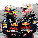 LE CASTELLET, FRANCE - JUNE 20: Race winner Max Verstappen of Netherlands and Red Bull Racing and third placed Sergio Perez of Mexico and Red Bull Racing celebrate in parc ferme during the F1 Grand Prix of France at Circuit Paul Ricard on June 20, 2021 in Le Castellet, France. (Photo by Mark Thompson/Getty Images)