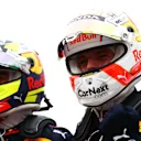 LE CASTELLET, FRANCE - JUNE 20: Race winner Max Verstappen of Netherlands and Red Bull Racing and third placed Sergio Perez of Mexico and Red Bull Racing celebrate in parc ferme during the F1 Grand Prix of France at Circuit Paul Ricard on June 20, 2021 in Le Castellet, France. (Photo by Dan Istitene - Formula 1/Formula 1 via Getty Images)