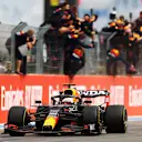 LE CASTELLET, FRANCE - JUNE 20: Max Verstappen of the Netherlands driving the (33) Red Bull Racing RB16B Honda crosses the finish line to win during the F1 Grand Prix of France at Circuit Paul Ricard on June 20, 2021 in Le Castellet, France. (Photo by Bryn Lennon - Formula 1/Formula 1 via Getty Images)