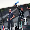 LE CASTELLET, FRANCE - JUNE 20: Second placed Lewis Hamilton of Great Britain and Mercedes GP celebrates on the podium during the F1 Grand Prix of France at Circuit Paul Ricard on June 20, 2021 in Le Castellet, France. (Photo by Joe Portlock - Formula 1/Formula 1 via Getty Images)