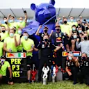 LE CASTELLET, FRANCE - JUNE 20:  Race winner Max Verstappen of Netherlands and Red Bull Racing and third placed Sergio Perez of Mexico and Red Bull Racing celebrate with Red Bull Racing Team Principal Christian Horner and their team in the Paddock after the F1 Grand Prix of France at Circuit Paul Ricard on June 20, 2021 in Le Castellet, France. (Photo by Peter Fox/Getty Images)