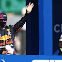 NORTHAMPTON, ENGLAND - JULY 17: Winner Max Verstappen of Netherlands and Red Bull Racing waves to the crowd on the Victory Lap during the Sprint for the F1 Grand Prix of Great Britain at Silverstone on July 17, 2021 in Northampton, England. (Photo by Bryn Lennon - Formula 1/Formula 1 via Getty Images)