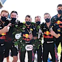 NORTHAMPTON, ENGLAND - JULY 17: The Red Bull Racing team celebrate after the Sprint for the F1 Grand Prix of Great Britain at Silverstone on July 17, 2021 in Northampton, England. (Photo by Mark Thompson/Getty Images)