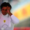 NORTHAMPTON, ENGLAND - JULY 17: Carlos Sainz of Spain and Ferrari prepares to drive on the grid before the Sprint for the F1 Grand Prix of Great Britain at Silverstone on July 17, 2021 in Northampton, England. (Photo by Mark Thompson/Getty Images)