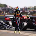 NORTHAMPTON, ENGLAND - JULY 18: Sergio Perez of Mexico and Red Bull Racing walks in parc ferme during the F1 Grand Prix of Great Britain at Silverstone on July 18, 2021 in Northampton, England. (Photo by Lars Baron/Getty Images)