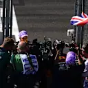 NORTHAMPTON, ENGLAND - JULY 18: Race winner Lewis Hamilton of Great Britain and Mercedes GP celebrates in parc ferme during the F1 Grand Prix of Great Britain at Silverstone on July 18, 2021 in Northampton, England. (Photo by Mario Renzi - Formula 1/Formula 1 via Getty Images)