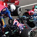 NORTHAMPTON, ENGLAND - JULY 18: Race winner Lewis Hamilton of Great Britain and Mercedes GP is congratulated by Lando Norris of Great Britain and McLaren F1 in parc ferme during the F1 Grand Prix of Great Britain at Silverstone on July 18, 2021 in Northampton, England. (Photo by Mark Thompson/Getty Images)