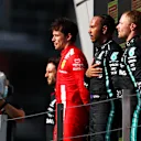 NORTHAMPTON, ENGLAND - JULY 18: Race winner Lewis Hamilton of Great Britain and Mercedes GP celebrates on the podium during the F1 Grand Prix of Great Britain at Silverstone on July 18, 2021 in Northampton, England. (Photo by Joe Portlock - Formula 1/Formula 1 via Getty Images)