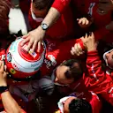 NORTHAMPTON, ENGLAND - JULY 18: Second placed Charles Leclerc of Monaco and Ferrari celebrates in parc ferme during the F1 Grand Prix of Great Britain at Silverstone on July 18, 2021 in Northampton, England. (Photo by Mario Renzi - Formula 1/Formula 1 via Getty Images)