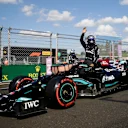 BUDAPEST, HUNGARY - JULY 31: Pole position qualifier Lewis Hamilton of Great Britain and Mercedes GP celebrates in parc ferme during qualifying ahead of the F1 Grand Prix of Hungary at Hungaroring on July 31, 2021 in Budapest, Hungary. (Photo by David W Cerny - Pool/Getty Images)