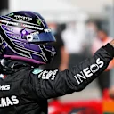 BUDAPEST, HUNGARY - JULY 31: Pole position qualifier Lewis Hamilton of Great Britain and Mercedes GP celebrates in parc ferme during qualifying ahead of the F1 Grand Prix of Hungary at Hungaroring on July 31, 2021 in Budapest, Hungary. (Photo by David W Cerny - Pool/Getty Images)