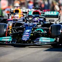 BUDAPEST, HUNGARY - JULY 31: Lewis Hamilton of Mercedes and Great Britain leads Max Verstappen of Red Bull Racing and The Netherlands as they go out for their final qualifying lap during qualifying ahead of the F1 Grand Prix of Hungary at Hungaroring on July 31, 2021 in Budapest, Hungary. (Photo by Peter Fox/Getty Images)