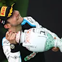 BUDAPEST, HUNGARY - AUGUST 01: Race winner Esteban Ocon of France and Alpine F1 Team celebrates on the podium during the F1 Grand Prix of Hungary at Hungaroring on August 01, 2021 in Budapest, Hungary. (Photo by Bryn Lennon/Getty Images)