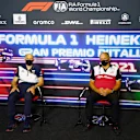 MONZA, ITALY - SEPTEMBER 10: Scuderia AlphaTauri Team Principal Franz Tost and Alfa Romeo Racing Team Principal Frederic Vasseur talk in the Team Principals Press Conference during practice ahead of the F1 Grand Prix of Italy at Autodromo di Monza on September 10, 2021 in Monza, Italy. (Photo by Mark Sutton - Pool/Getty Images)