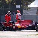 MONZA, ITALY - SEPTEMBER 11: Carlos Sainz of Spain and Ferrari looks on after a crash during practice ahead of the F1 Grand Prix of Italy at Autodromo di Monza on September 11, 2021 in Monza, Italy. (Photo by Lars Baron/Getty Images)