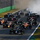MONZA, ITALY - SEPTEMBER 11: Valtteri Bottas of Finland driving the (77) Mercedes AMG Petronas F1 Team Mercedes W12 leads the field into turn one at the start during the Sprint ahead of the F1 Grand Prix of Italy at Autodromo di Monza on September 11, 2021 in Monza, Italy. (Photo by Clive Mason - Formula 1/Formula 1 via Getty Images)