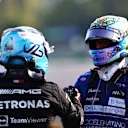 MONZA, ITALY - SEPTEMBER 11: Winner Valtteri Bottas of Finland and Mercedes GP talks with third place finisher Daniel Ricciardo of Australia and McLaren F1 during the Sprint ahead of the F1 Grand Prix of Italy at Autodromo di Monza on September 11, 2021 in Monza, Italy. (Photo by Dan Istitene - Formula 1/Formula 1 via Getty Images)