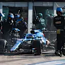 MONZA, ITALY - SEPTEMBER 12: Fernando Alonso of Spain driving the (14) Alpine A521 Renault makes a pitstop during the F1 Grand Prix of Italy at Autodromo di Monza on September 12, 2021 in Monza, Italy. (Photo by Peter Fox/Getty Images)