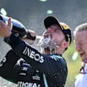 MONZA, ITALY - SEPTEMBER 12: Third placed Valtteri Bottas of Finland and Mercedes GP celebrates on the podium during the F1 Grand Prix of Italy at Autodromo di Monza on September 12, 2021 in Monza, Italy. (Photo by Clive Mason - Formula 1/Formula 1 via Getty Images)